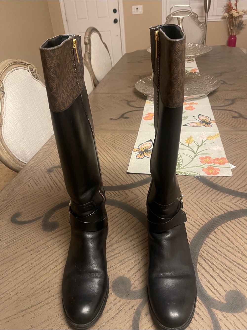 Michael Kors Black & Brown Logo Trim Riding Boots - Picture 3 of 3